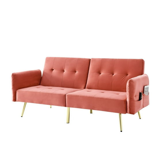 78" Italian Velvet Futon Sofa Bed with Folded Armrests & Storage Bags, Convertible Sleeper Loveseat Couch with Gold Metal Legs for Living Room and Office, Pink