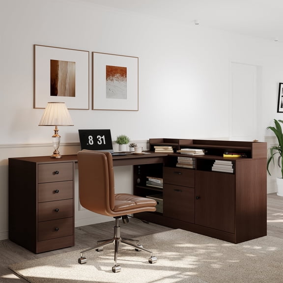 78" L Shape Executive Desk - Large Office Desk with Drawers and Cabinet Storage, Business Furniture with Charging Station & USB Ports, Modern Computer Desk for Home Office, Brown
