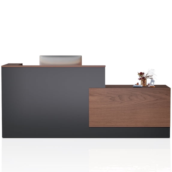 STICCIO 87" L-Shaped Reception Desk with Counter, Lockable Drawers, Side Cabinet & Keyboard Tray, Walnut Texture for Office, Lobby & Salon