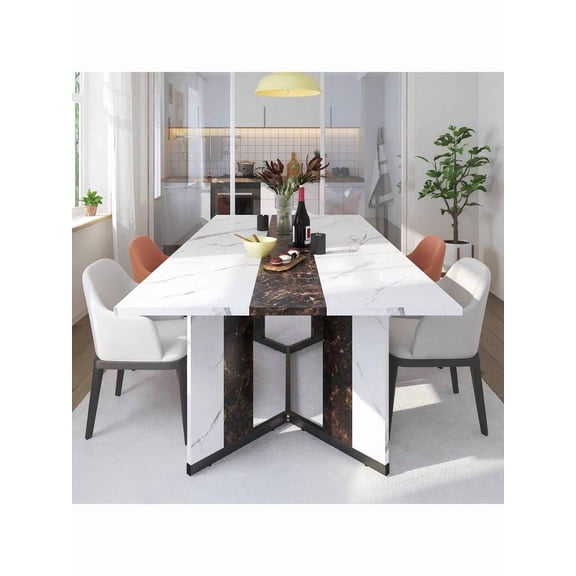78" Large Luxurious Rectangular White Dining Table For 6 8 10 People W/Marble-Color Wood Tabletop,Metal Adjustable Leg.Modern 6ft Family Dinner Table For Rustic Office Kitchen Living Room
