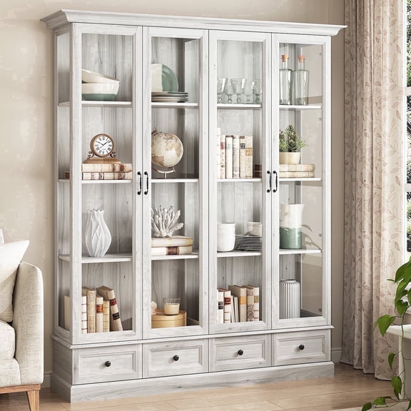 78" Tall Glass Display Cabinet with Adjustable Shelves and Drawers for Living Room & Kitchen, Gray
