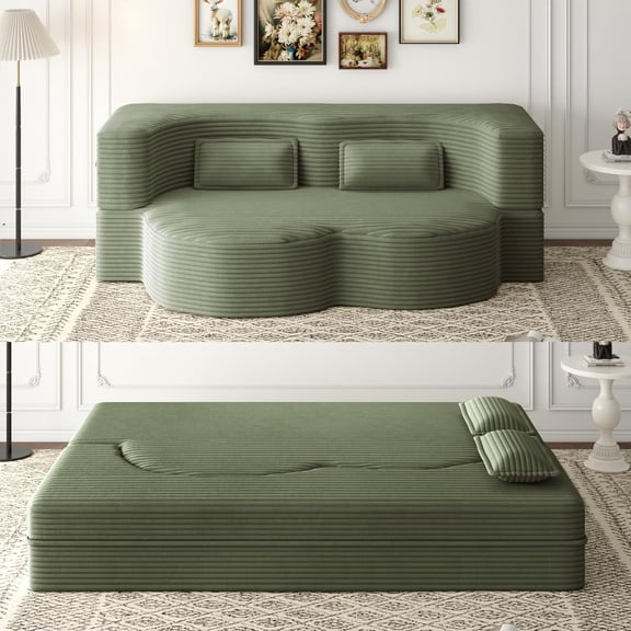ODUWA 78" Convertible Sofa Bed with Memory Foam, Teddy Fleece Folding Futon for Living Room Green