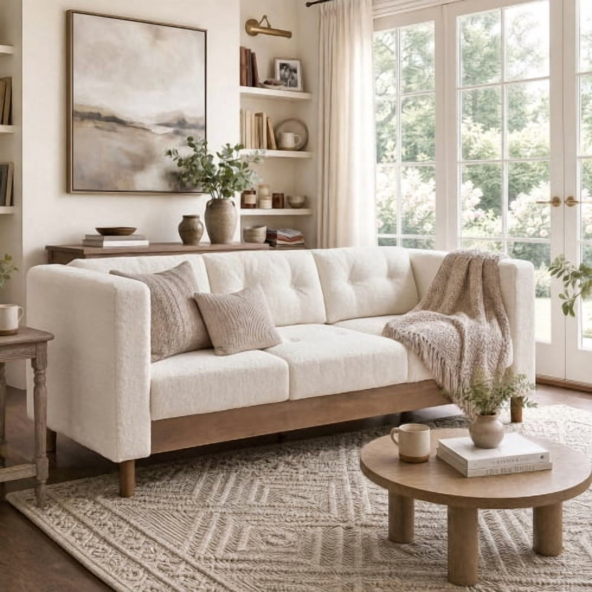 78" Modern 3-Seater Sofa, Chenille Upholstered Couch with Square Arms, Tufted Pillow Back & Walnut Rubber Wood Legs, Multi-Cushion Sofa for Living Room and Apartment, Beige