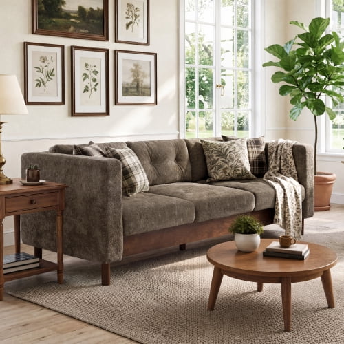 78" Modern 3-Seater Sofa, Chenille Upholstered Couch with Square Arms, Tufted Pillow Back & Walnut Rubber Wood Legs, Multi-Cushion Sofa for Living Room and Apartment, Brown