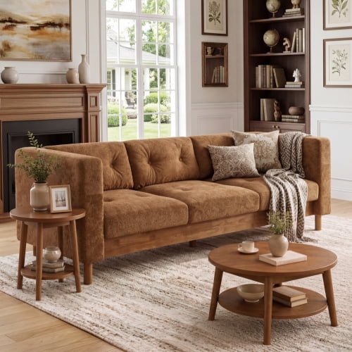 78" Modern 3-Seater Sofa, Chenille Upholstered Couch with Square Arms, Tufted Pillow Back & Walnut Rubber Wood Legs, Multi-Cushion Sofa for Living Room and Apartment, Orange