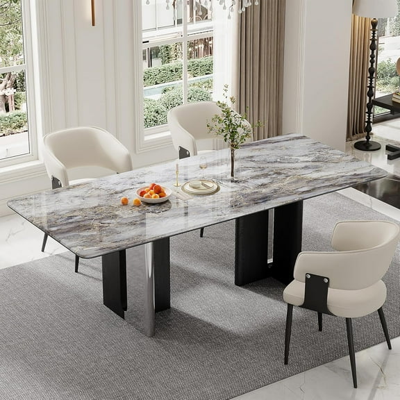 78" Modern Dining Table for 8-10, Rectangle Dining Table with Faux Marble Dining Tabletop and Unique Dual-Pedestal, Large Kitchen Table for Dining Room(Table Only)