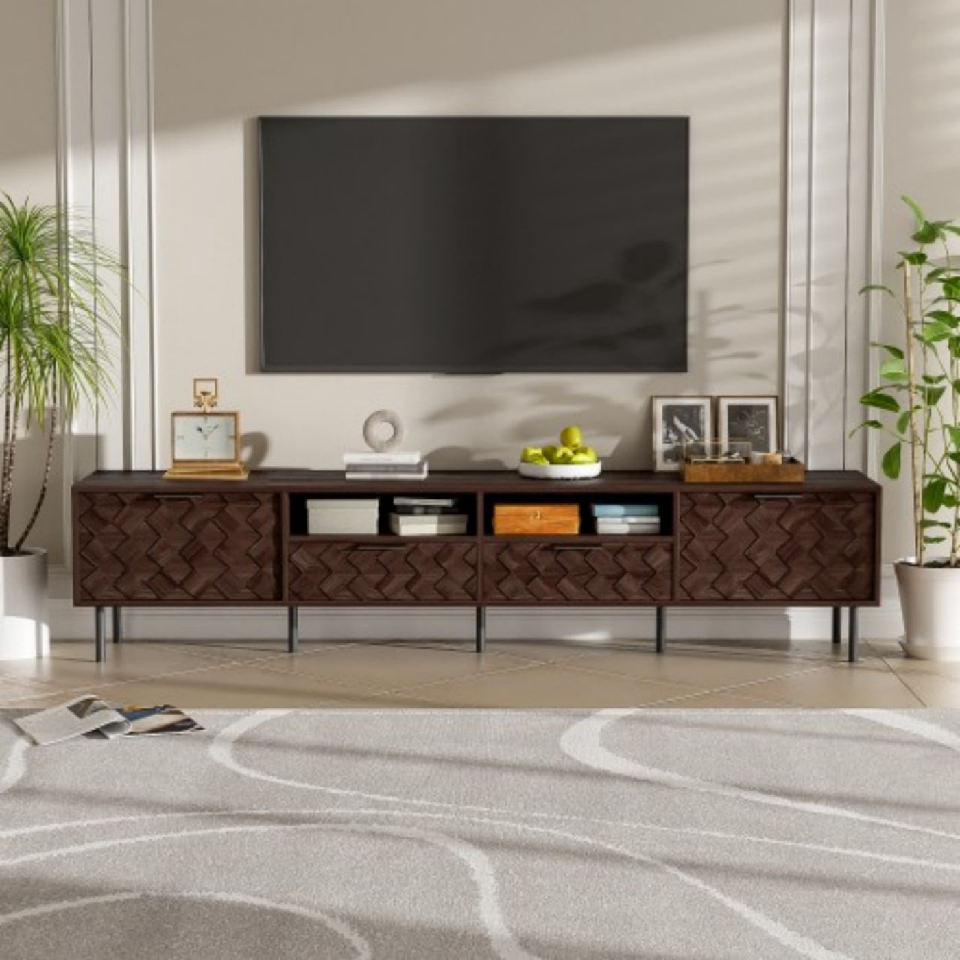 78" Modern TV Stand for TVs up to 85", Entertainment Center with 3D Diamond Pattern, Closed Storage, Cable Management, Soft Close Hinges, Iron Legs, Walnut