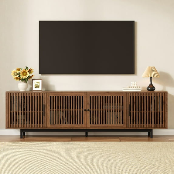 78" Modern TV Stand for TVs up to 85", Entertainment Center with Closed Storage, Media Console with Slatted Doors, Cable Management & Soft-Close Hinges, Solid Wood Legs for Living Room, Walnut