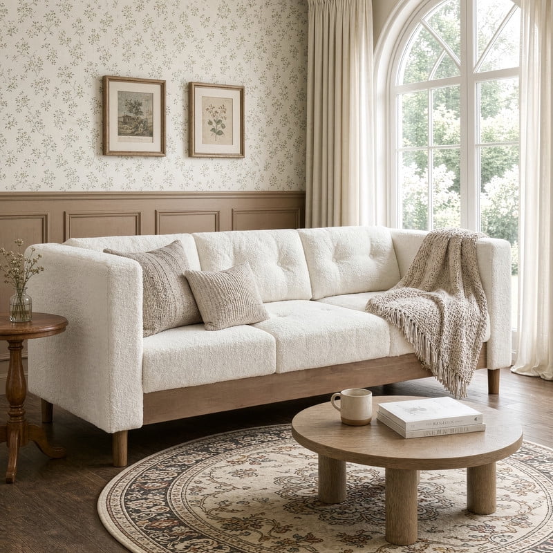 78" Modern Upholstered 3-Seater Sofa with Solid Wood Legs, Chenille Soft Couch with Square Arms & Tufted Pillow Back