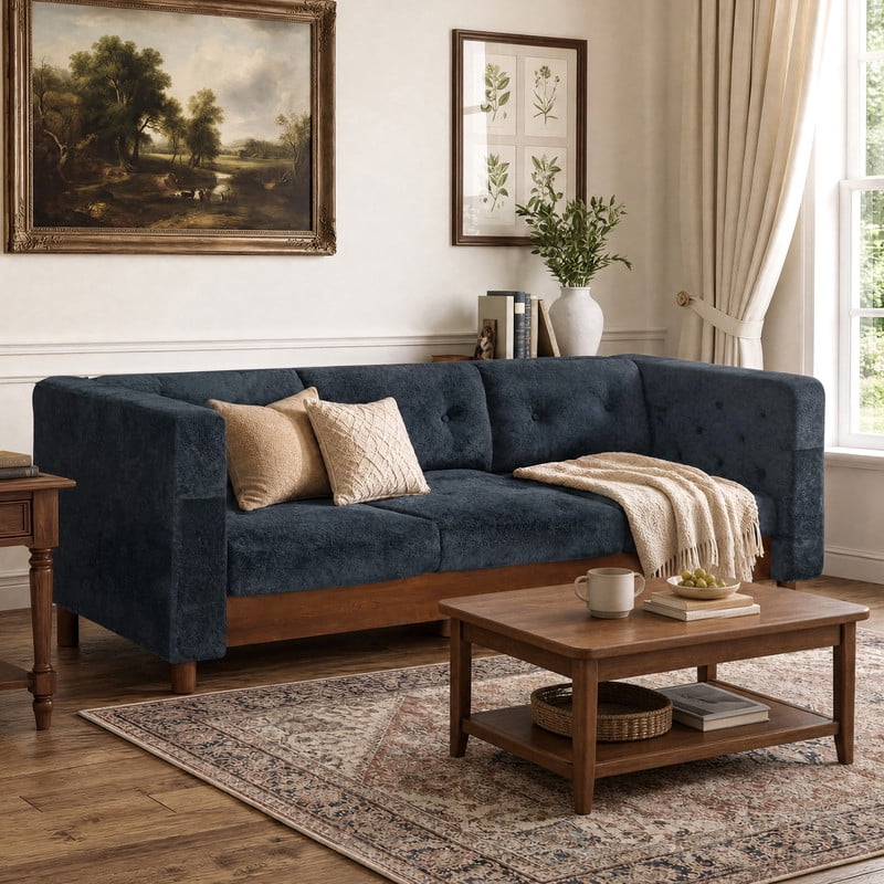78" Modern Upholstered 3-Seater Sofa with Solid Wood Legs, Chenille Soft Couch with Square Arms & Tufted Pillow Back