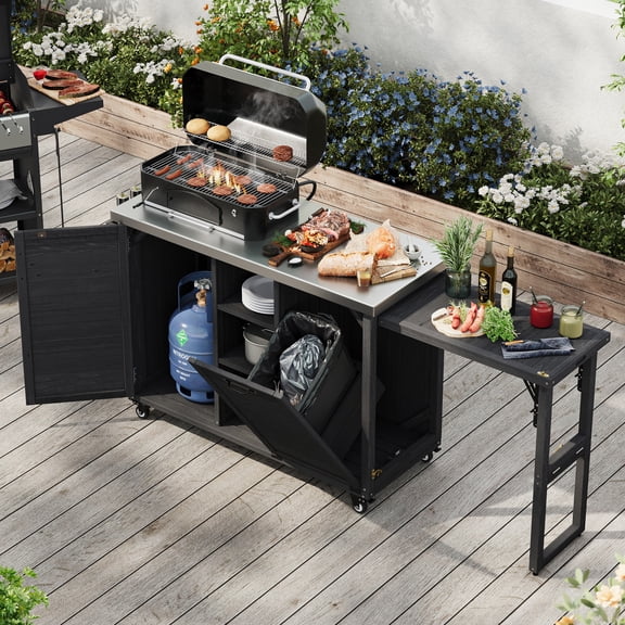 78" Outdoor Kitchen Island with Foldable Grill Table, Wooden Grill Cart with Trash Can Storage, Stainless Steel Top and Adjustable Shelves for Lawn & Garden, Black