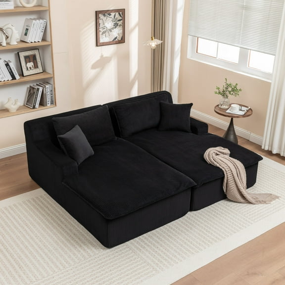 78" Oversized Double Lounge Chaise Indoor, Modern Corduroy Sleeper Loveseat Chair, Upholstered Boneless Cloud Sofa, No Assembly Required, Black