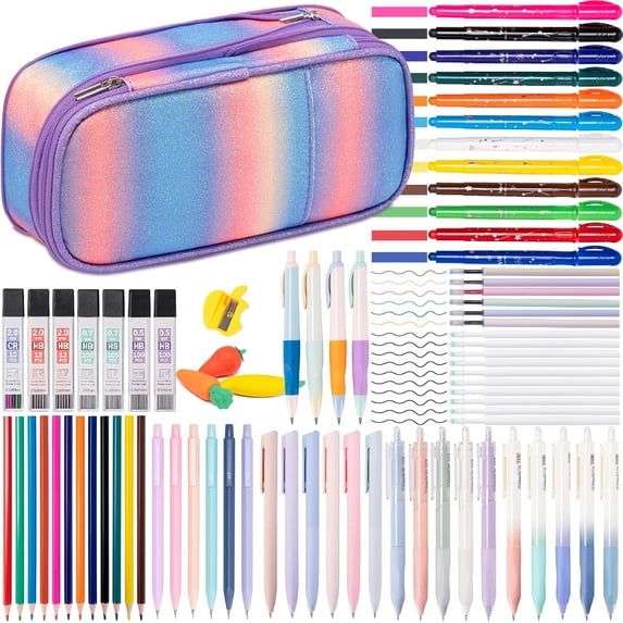 78PCS Cute Pencil Case with Supplies, Pastel Highlighters Gel Pens Mechanical Pencils Set, Back to School Supplies Student Stationary Set, Pencil Pouch with Supplies, Orange Blue Gradient