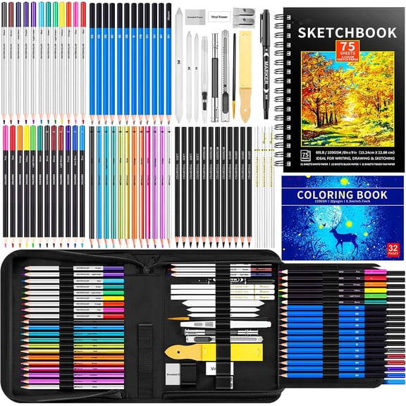 78-Pack Drawing Set Sketching Kit Art Supplies for Adult, Christmas Gifts for Adult, with 3-Color Sketchbook, Coloring Book, Colored, Graphite, Charcoal, Watercolor & Metallic Pencil