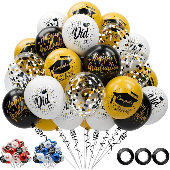 78 Pack Graduation Balloons 2026 Graduation Decorations - 12 Inch Black Gold Congrats Grad Balloons with Ribbons for Class of 2026 Grad Party Decorations, Grad Decor Supplies, College, High School