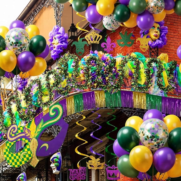 78 Pcs Mardi Gras Parade Golf Cart Decorations Float Golf Cart Mardi Gras Decor Purple Green Gold Balloon Tinsel Garland Banner Mask Curtain Hanging Swirl Decorations for Carnival Party