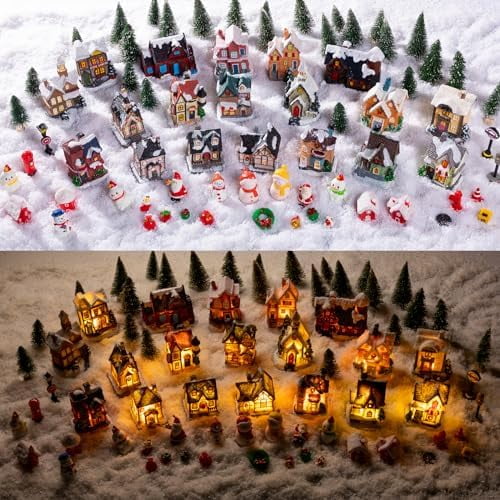 78 Pcs Vinsot Christmas Village Set Lighted LED Christmas Village Houses Mini Village Collectible Buildings with Xmas Figurine Tree Snowmen Gift Town Scene Village Displays Table Decor (Cute)
