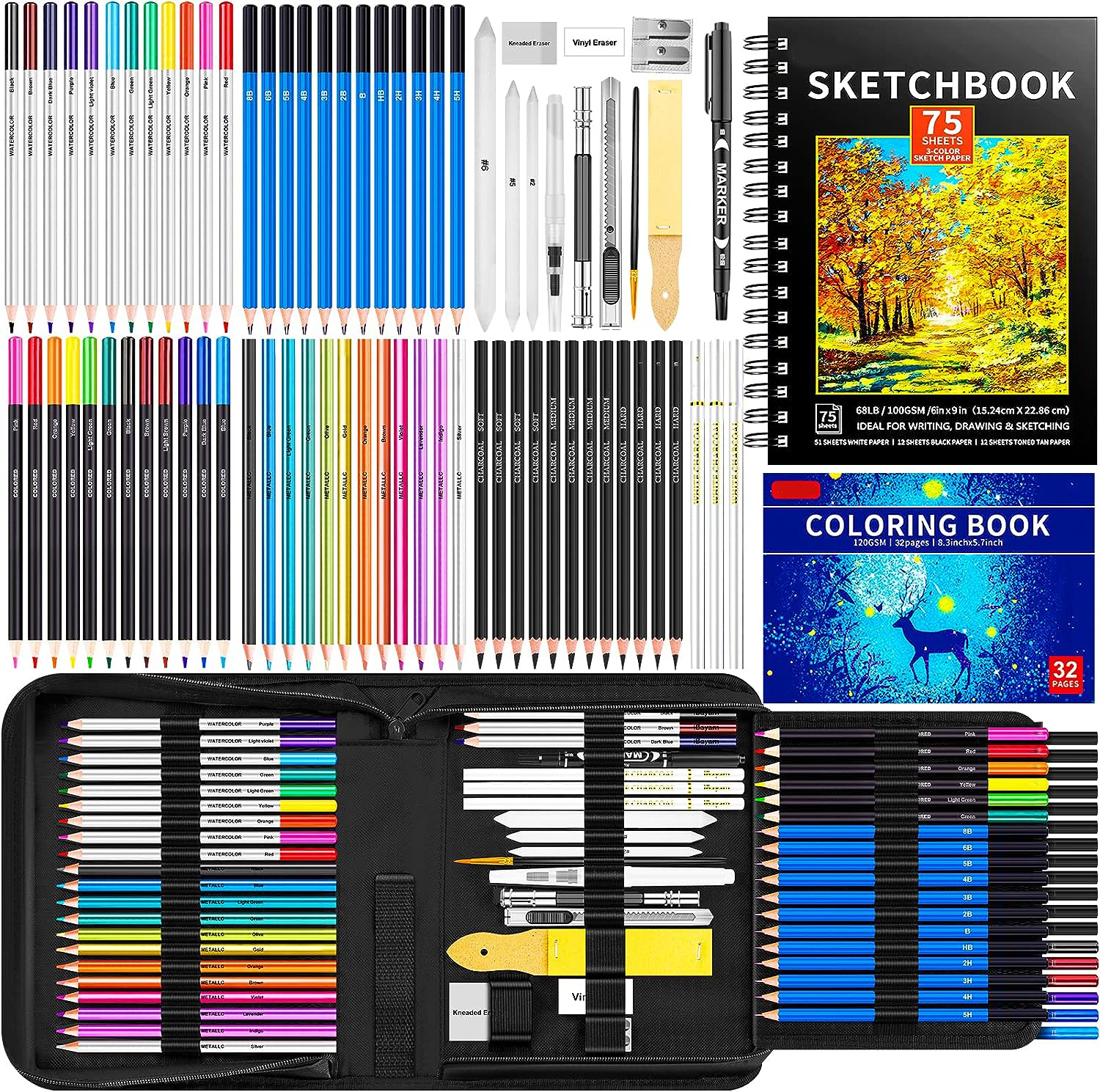 78 Piece Drawing Sketching Kit Art, Pro Art Supplies with 75 Sheets 3-Color  Sketch Pad, Coloring Book, Charcoal Metallic, Colored Watercolor, Graphite
