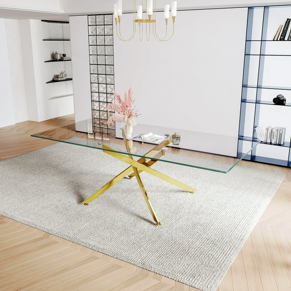 78" Rectangular Glass Dining Table for 6 People, Modern Tempered Glass Kitchen Table with X-Shaped Stainless Steel Legs, Dining Table for Dining Room, Living Room, Office