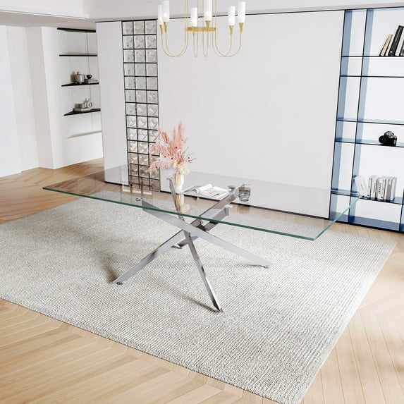 78" Rectangular Glass Dining Table for 6 People, Modern Tempered Glass Kitchen Table with X-Shaped Stainless Steel Legs, Dining Table for Dining Room, Living Room, Office