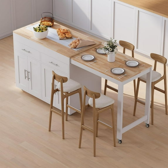 78" Rolling Kitchen Island with Extendable Table, Mobile Kitchen Islands with Storage for 2-4, 3 in 1 Island Cart on Wheels for Small Space with 2 Drawers & 4 Door Cabinet, White