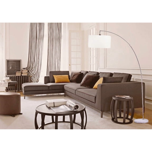 78"" Silver Arch Floor Lamp with White Fabric Drum Shade, Brushed Nickel Metal Living Room Lamp, Adjustable Arm & White Marble Base, 18"" Diameter Shade
