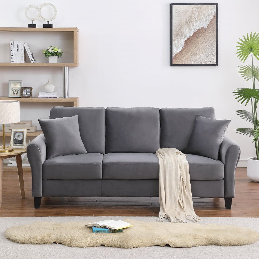 78 Sofa Couch with 2 Pillow Modern Velvet Upholstered Couch with Padded Seat Back Cushions 3 Seater Accent Sofa with Solid Plastic Legs for Small Space Bedroom Apartment Gray Walmart