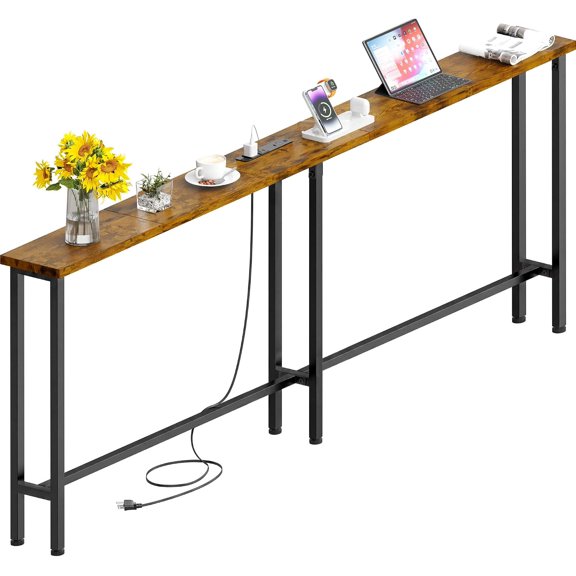 78" Sofa Table with Built-in Power Strip (2 AC Outlets & 2 USB Ports) 4.9ft Power Cord, Metal Frame, Easy Assembly, Long Couch Table Behind Sofa, Living Room and Home Office