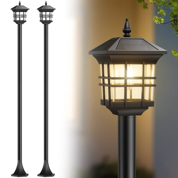 78" Solar Lamp Post Light Outdoor 2 Pack, Black Waterproof Post Solar Street Lights, Pole Light Decorative for Yard Garden Patio Lawn Driveway (Bulbs Included)