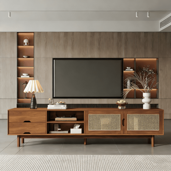 78" TV Stand for TVs up to 85" with 2 Drawers and Solid Wood Legs | Modern Media Console with Rattan Front Panels for Living Room, Entertainment Center