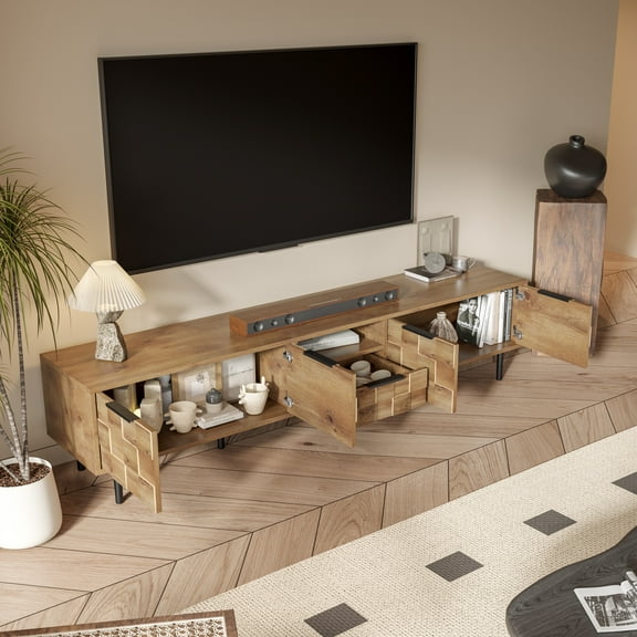 78" TV Stand for 85 Inch TV, Large Entertainment Center with Checkered Design, Soft-Closing Cabinets & Drawer, Media Console for Living Room, Natural