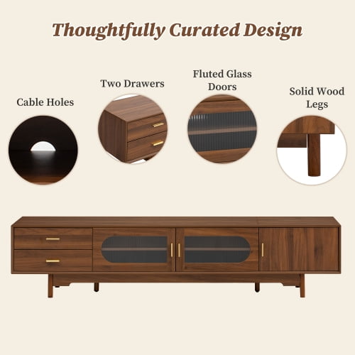 78" TV Stand for TVs Up to 85" with Fluted Glass Doors and 2 Drawers, Modern Entertainment Center with Cable Management, Walnut
