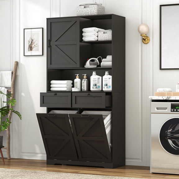 78" Tall Tilt-Out Double Doors Laundry Cabinet Hamper w Hidden Laundry Hamper,Large Pull Out Laundry Room Storage Cabinets,Kitchen Double Tilt Out Trash Cabinet,13X2 Gallon Bathroom Organizers