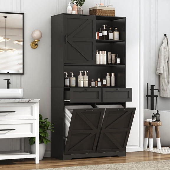 78" Tall Tilt-Out Double Doors Laundry Cabinet Hamper w Hidden Laundry Hamper,Large Laundry Room Storage Cabinet with 13-Gallons Removable Cloth Storage Bags & & Slidding Barn Door Hutch