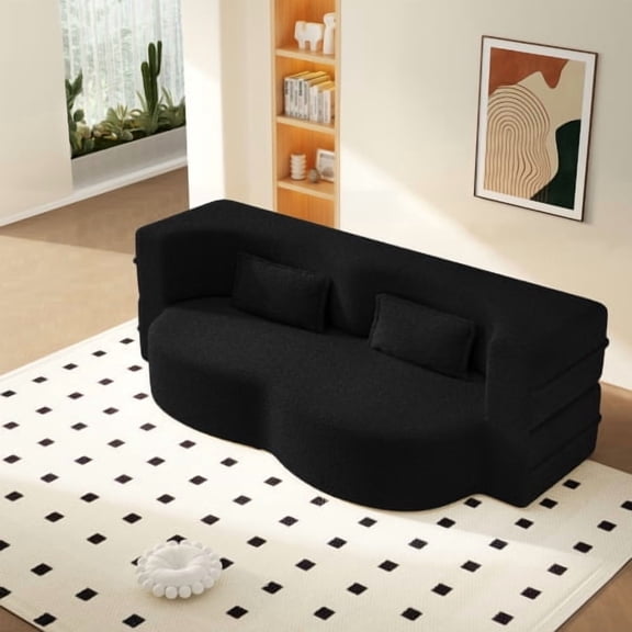 78" Teddy Fabric Convertible Loveseat Sleeper Sofa Bed, Pull-Out Loveseat with Foam Filling, Convertible Sofa Bed Couch with No Assembly for Living Rooms, Playrooms, Black
