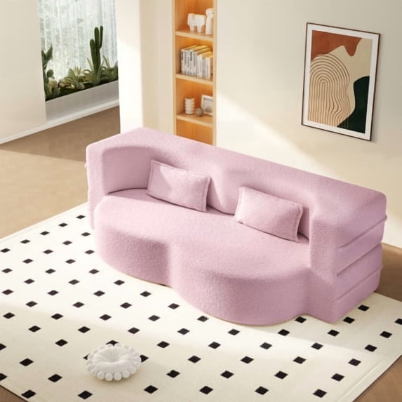 78" Teddy Fabric Convertible Loveseat Sleeper Sofa Bed, Pull-Out Loveseat with Foam Filling, Convertible Sofa Bed Couch with No Assembly for Living Rooms, Playrooms, Pink
