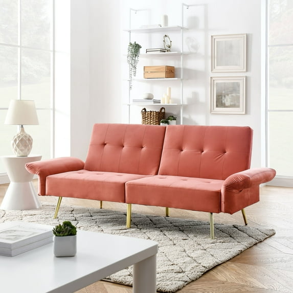 78" Velvet Loveseat Sofa Bed,Convertible Sleeper Sofa with Folded Armrests and Storage Bags,Futon Couch for Living Room and Small Space,Pink