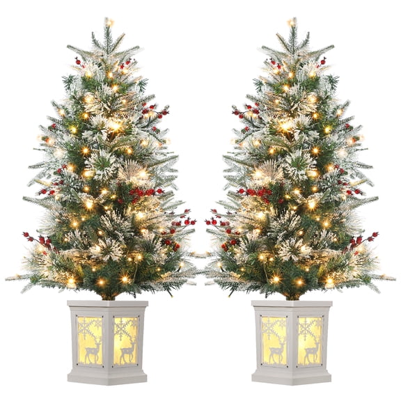 78 Warm White LEDs, Reindeer Light Box, 2 Pcs Pre-Lit 3ft Tabletop Christmas Tree with Snow Flocked & Red Berries, Potted Base, Easy Assembly Holiday Decor for Home