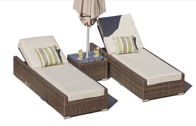 Riviera Elegance Brown Rattan 3-Piece Outdoor Chaise Lounge Set with Beige Cushions