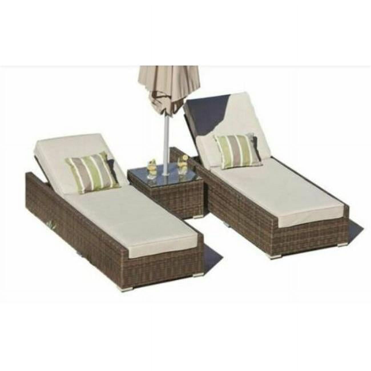 Riviera Elegance Brown Rattan 3-Piece Outdoor Chaise Lounge Set with Beige Cushions