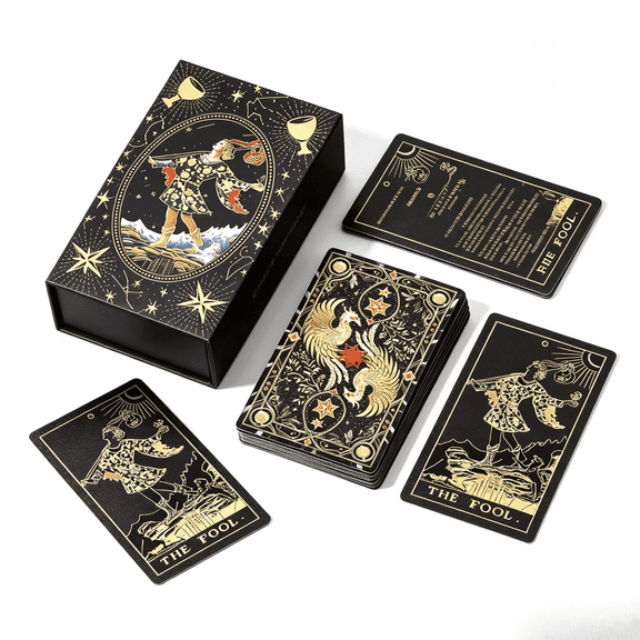 Tarot Deck Black Gold Foil Phoenix Pattern 78-Card Waterproof PVC with Guidebook & Storage Box 1-Pack