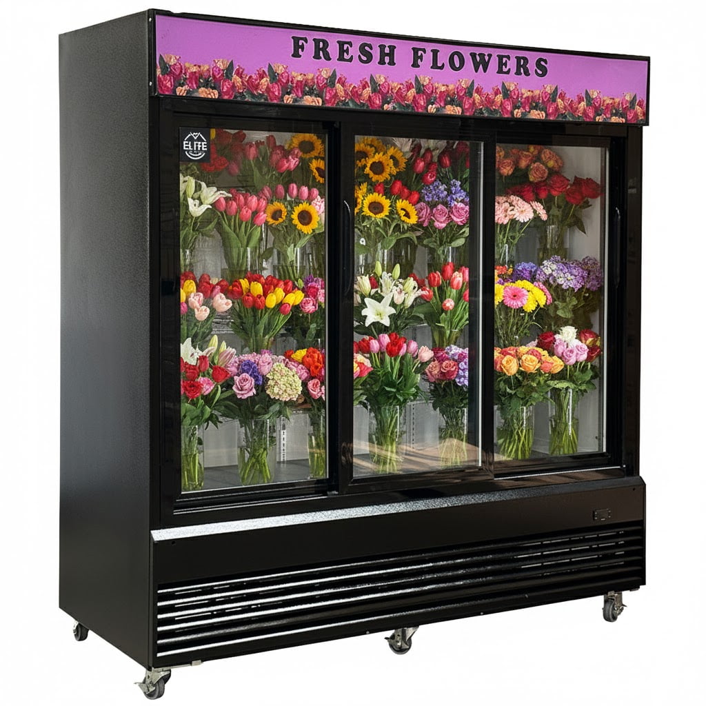 78” 3-Door Commercial Flower Display Refrigerator, 60 Cu.Ft. Floral Cooler, LED Light, Black Exterior, NSF Certified, R290 Eco Refrigerant