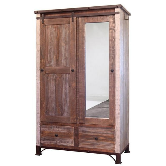 78 in. Pine Wood 2 Drawer Armoire with Barn & Mirror Doors, Multi Color