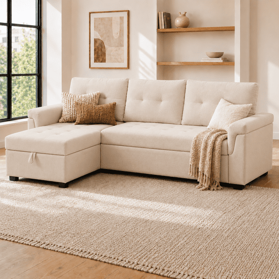 Naomi Home Living Room Collection L-Shaped Solid Print Air Leather Reclining and Storage Sectional Sofas with Sofa and Chaise, Beige
