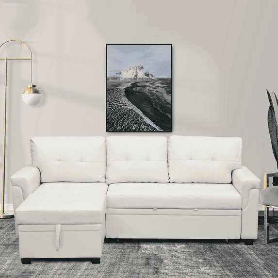 "Naomi Home 78"" Convertible Leather Sleeper Sofa, L-Shaped Couch with Storage Chaise - White"