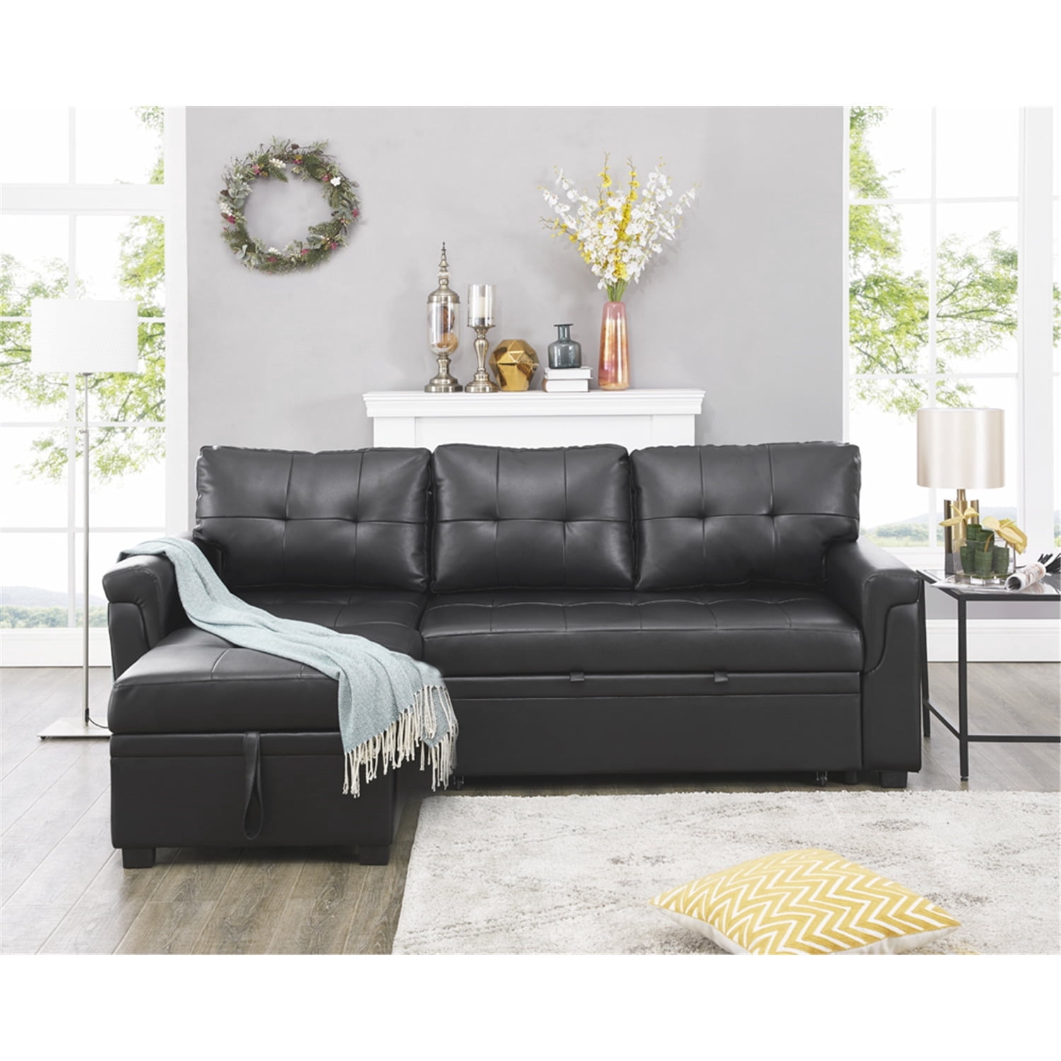 78 in. W Convertible Sleeper Sectional Sofa, L Shaped Couch for Small Space Living Room, Storage Chaise, L Shaped Pull Out Sofa - Black,Air Leather