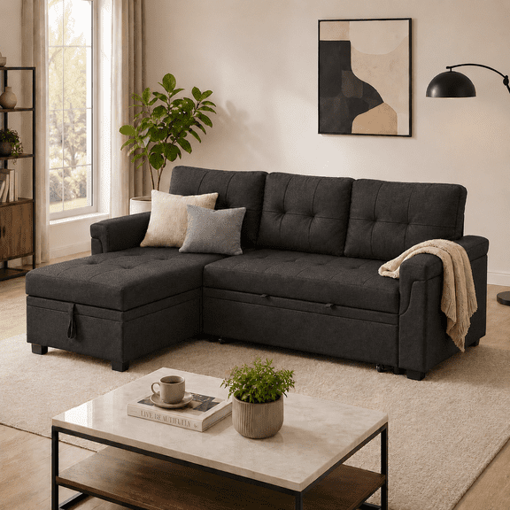 Naomi Home Laura Velvet Sleeper Sectional Sofa with Pull-Out Bed, Reversible Storage Chaise, Space-Saving Convertible Couch for Living Room,Espresso Velvet