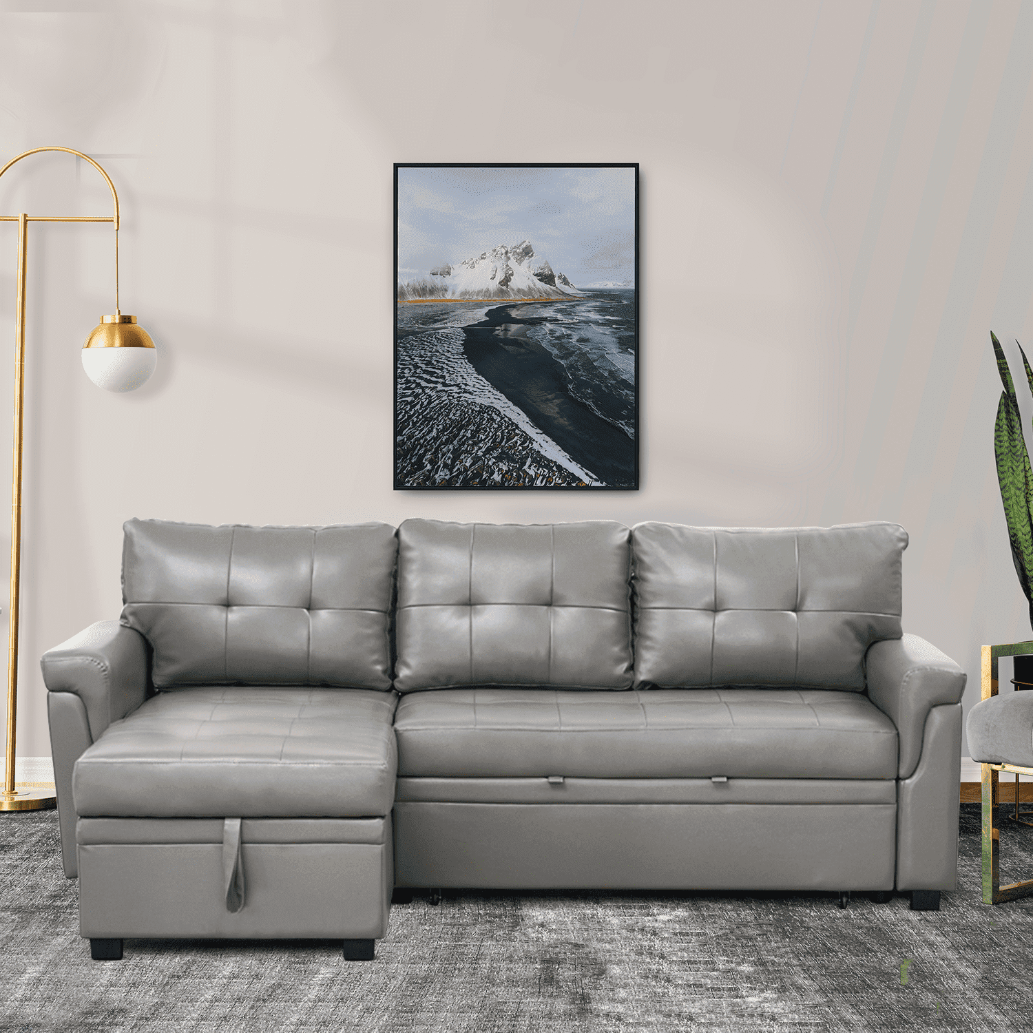 78 in. W Convertible Sleeper Sectional Sofa, L Shaped Couch for Small Space Living Room, Storage Chaise, L Shaped Pull Out Sofa - Gray,Air Leather
