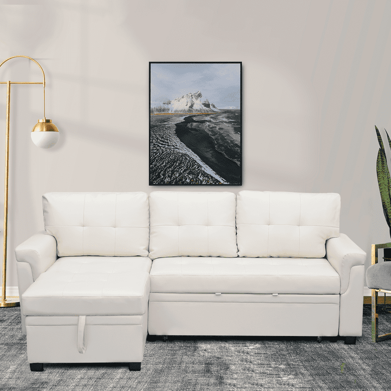 78 in. W Convertible Sleeper Sectional Leather Sofa L Shaped Couch for Small Space Living Room Storage Chaise L Shaped Pull Out Sofa White Air