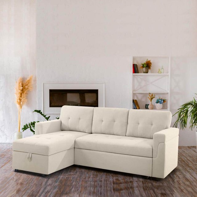 78 in. W Stylish Reversible Velvet Sleeper Sectional Sofa Storage